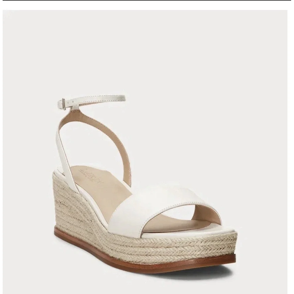 Lauren Ralph Lauren Size-7B Leona Espadrille Platform Wedge Sandal Leather White